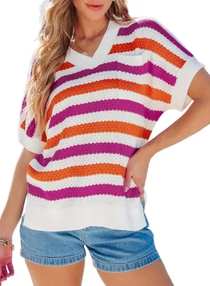 Dokotoo Women's Casual Short Sleeve Loose Tunic Tops Lightweight Striped Summer Sweaters Blouses Shirts