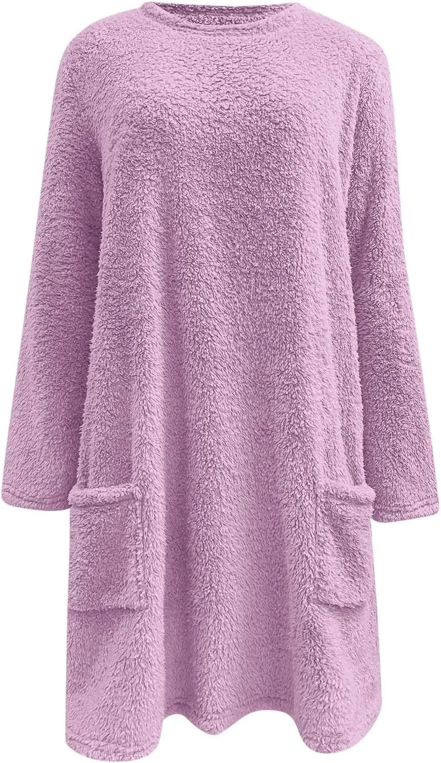 Fall Sweaters for Women 2024 Long Fuzzy Fleece Pullover Trendy Casual Crewneck Sweatshirt Shaggy Coat with Pockets
