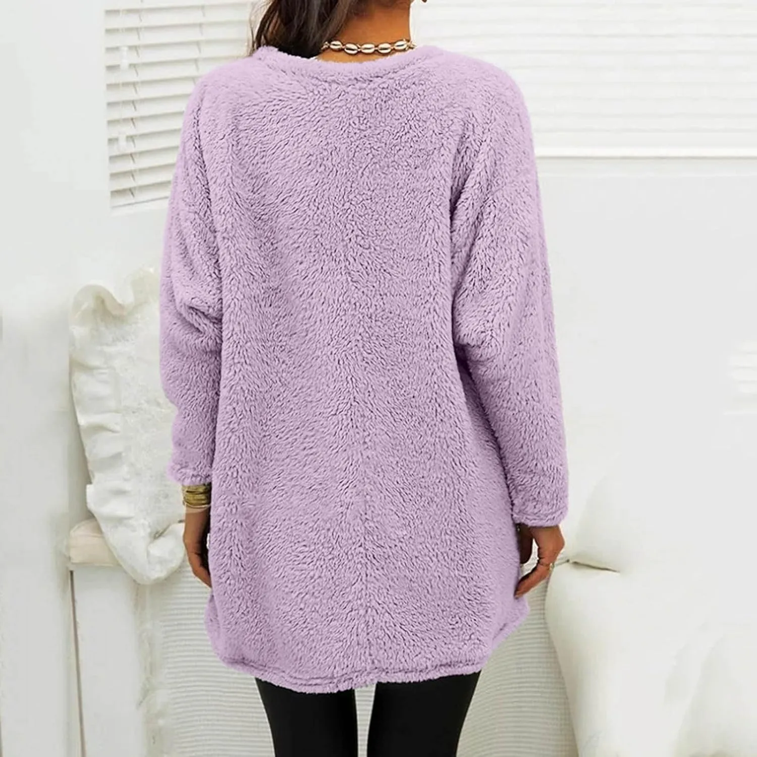 Fall Sweaters for Women 2024 Long Fuzzy Fleece Pullover Trendy Casual Crewneck Sweatshirt Shaggy Coat with Pockets