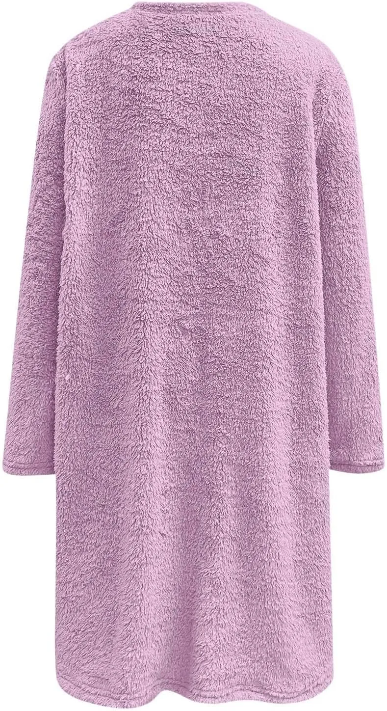 Fall Sweaters for Women 2024 Long Fuzzy Fleece Pullover Trendy Casual Crewneck Sweatshirt Shaggy Coat with Pockets