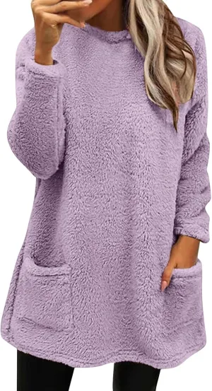 Fall Sweaters for Women 2024 Long Fuzzy Fleece Pullover Trendy Casual Crewneck Sweatshirt Shaggy Coat with Pockets