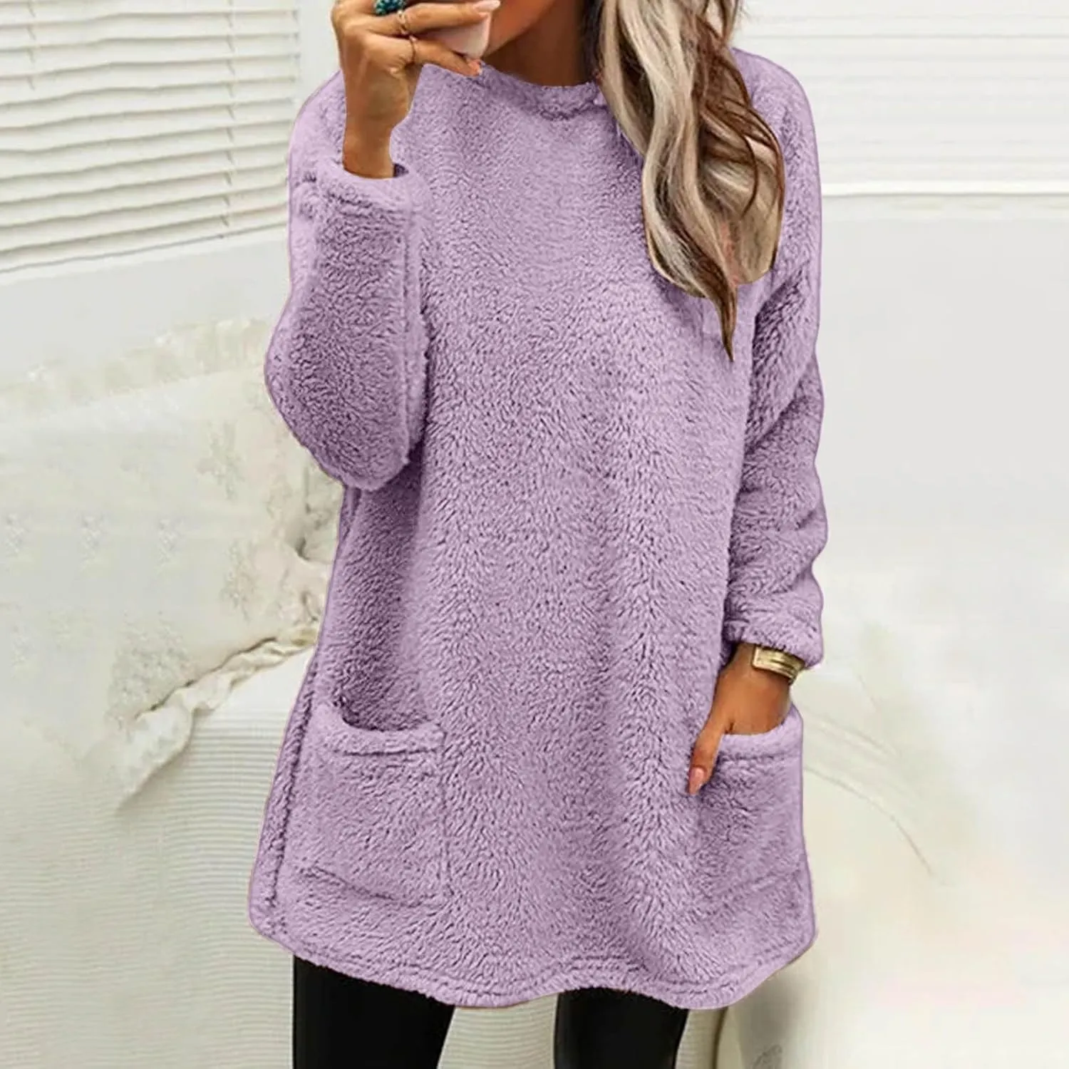 Fall Sweaters for Women 2024 Long Fuzzy Fleece Pullover Trendy Casual Crewneck Sweatshirt Shaggy Coat with Pockets