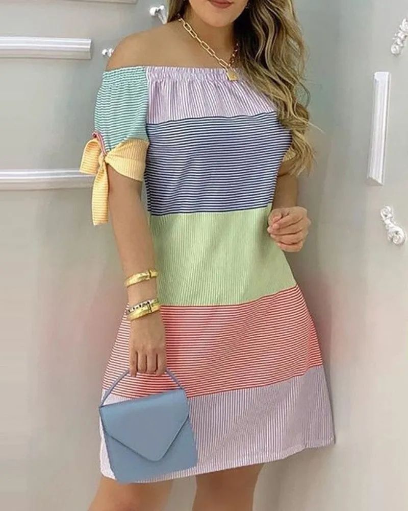 Fashion Casual Stripped Lace up Short Sleeves A Line Mini Dress