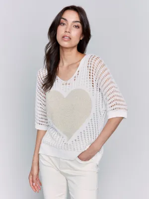 Fishnet V-Neck 3/4 Dolman Sleeves with Lurex Heart