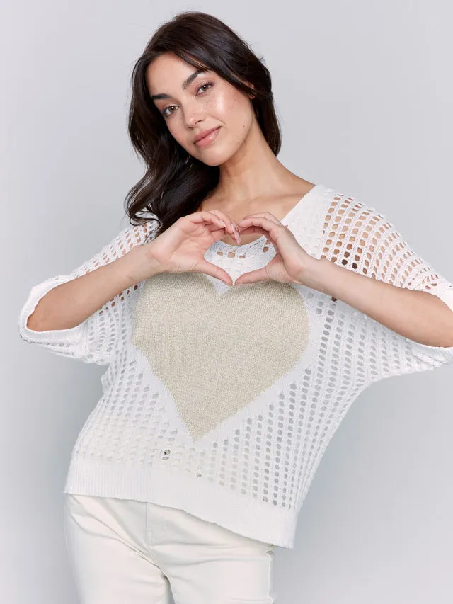 Fishnet V-Neck 3/4 Dolman Sleeves with Lurex Heart