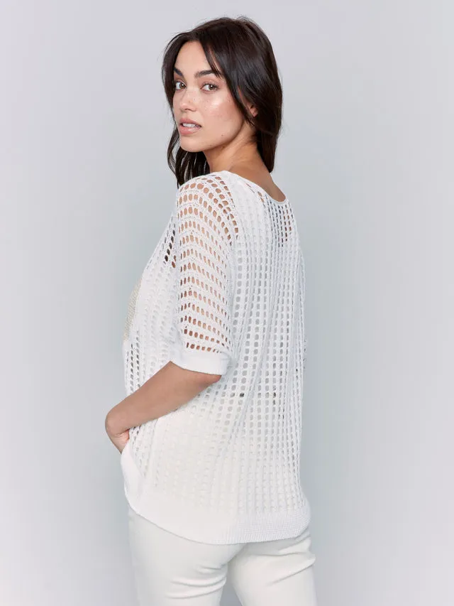 Fishnet V-Neck 3/4 Dolman Sleeves with Lurex Heart