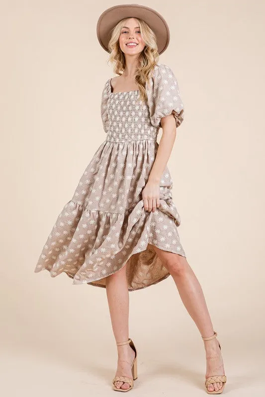 Floral Embroidered Smocked Tiered Midi Dress