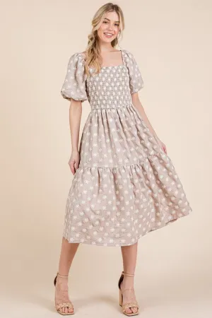 Floral Embroidered Smocked Tiered Midi Dress
