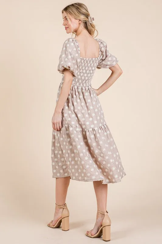 Floral Embroidered Smocked Tiered Midi Dress