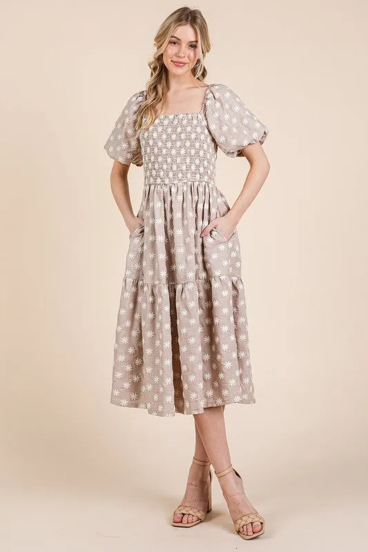Floral Embroidered Smocked Tiered Midi Dress