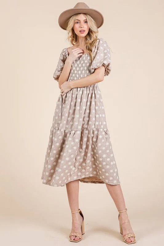 Floral Embroidered Smocked Tiered Midi Dress