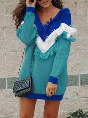 Freezy Chic Color Block Fringe Sweater Dress