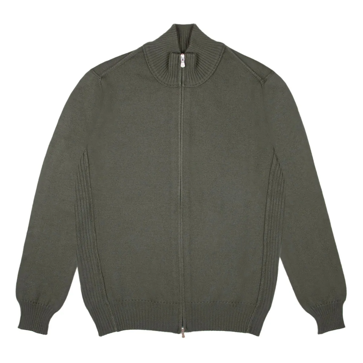 Green Virgin Wool Zip-Through Cardigan