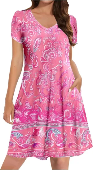 Hawaiian Dresses for Women Trendy V Neck Short Sleeve Dress Vintage Floral Printed Midi Dress with Pockets