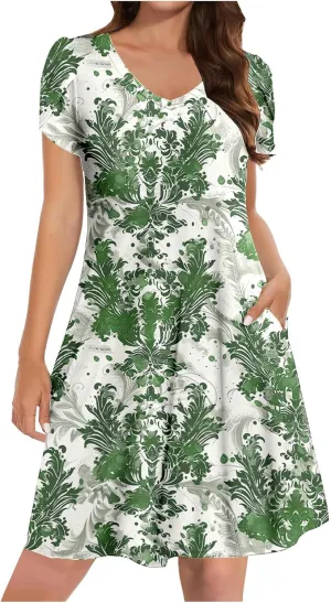 Hawaiian Dresses for Women Trendy V Neck Short Sleeve Dress Vintage Floral Printed Midi Dress with Pockets