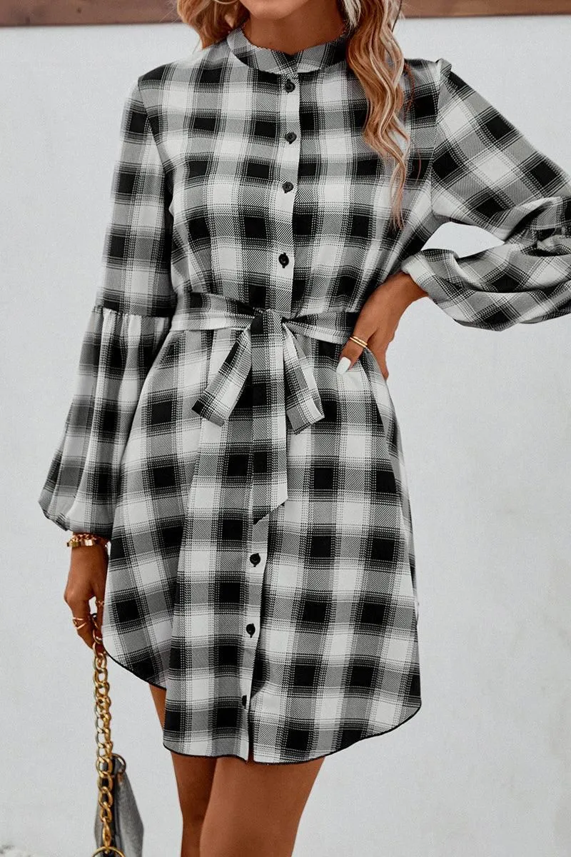 HIGH NECK PLAID BALLOON LONGSLEEVE DRESS SHIRTS