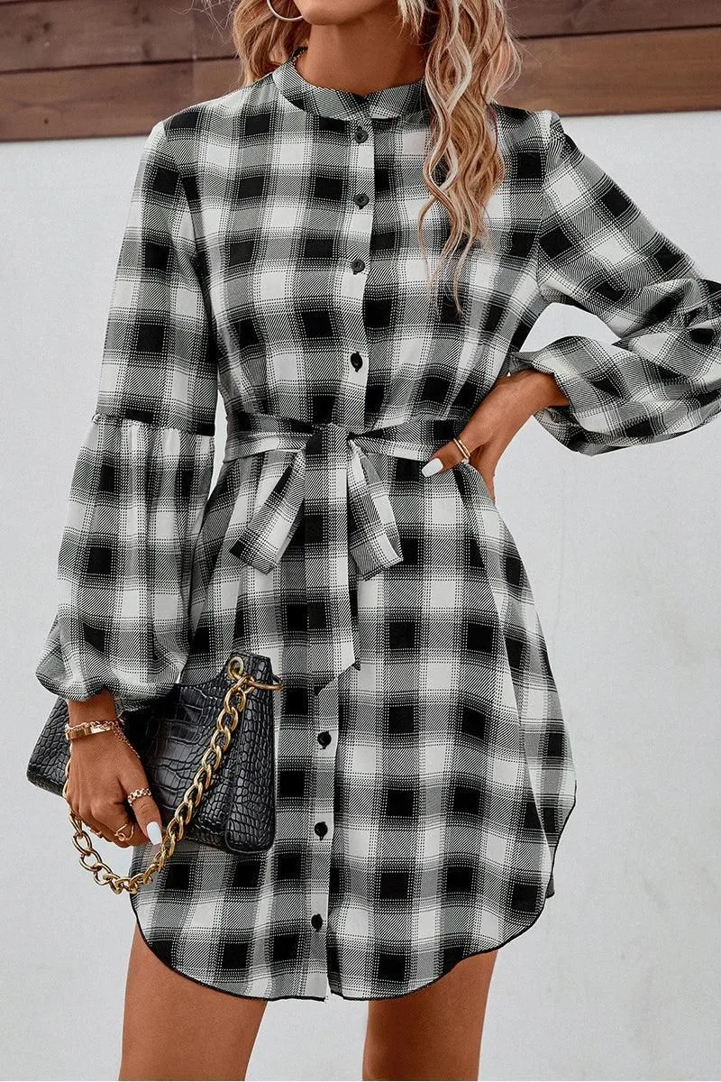 HIGH NECK PLAID BALLOON LONGSLEEVE DRESS SHIRTS