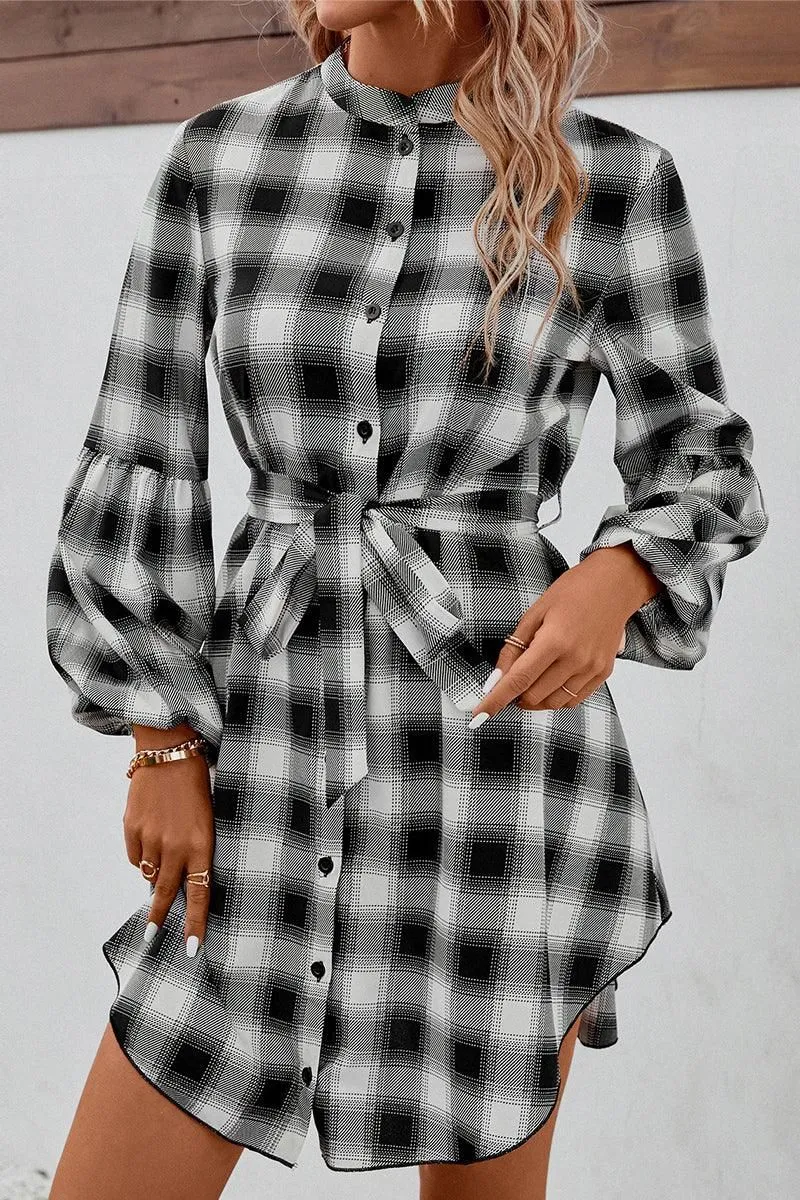 HIGH NECK PLAID BALLOON LONGSLEEVE DRESS SHIRTS