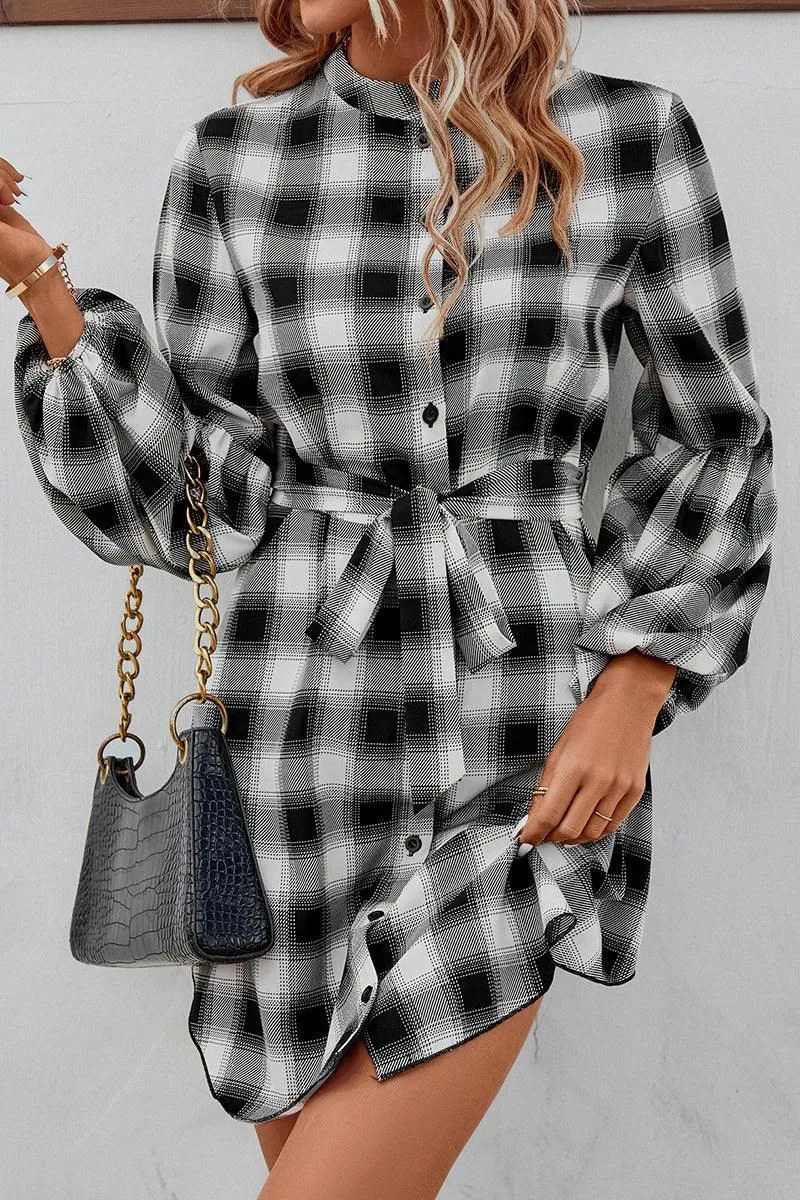 HIGH NECK PLAID BALLOON LONGSLEEVE DRESS SHIRTS