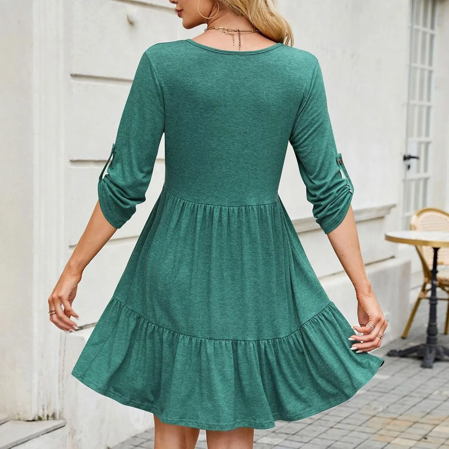 hlysgo Spring Dresses for Women V Neck Casual Mini Dress Solid Roll Up 3/4 Length Sleeve Ruffle Flowy Short Dress