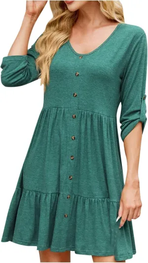 hlysgo Spring Dresses for Women V Neck Casual Mini Dress Solid Roll Up 3/4 Length Sleeve Ruffle Flowy Short Dress