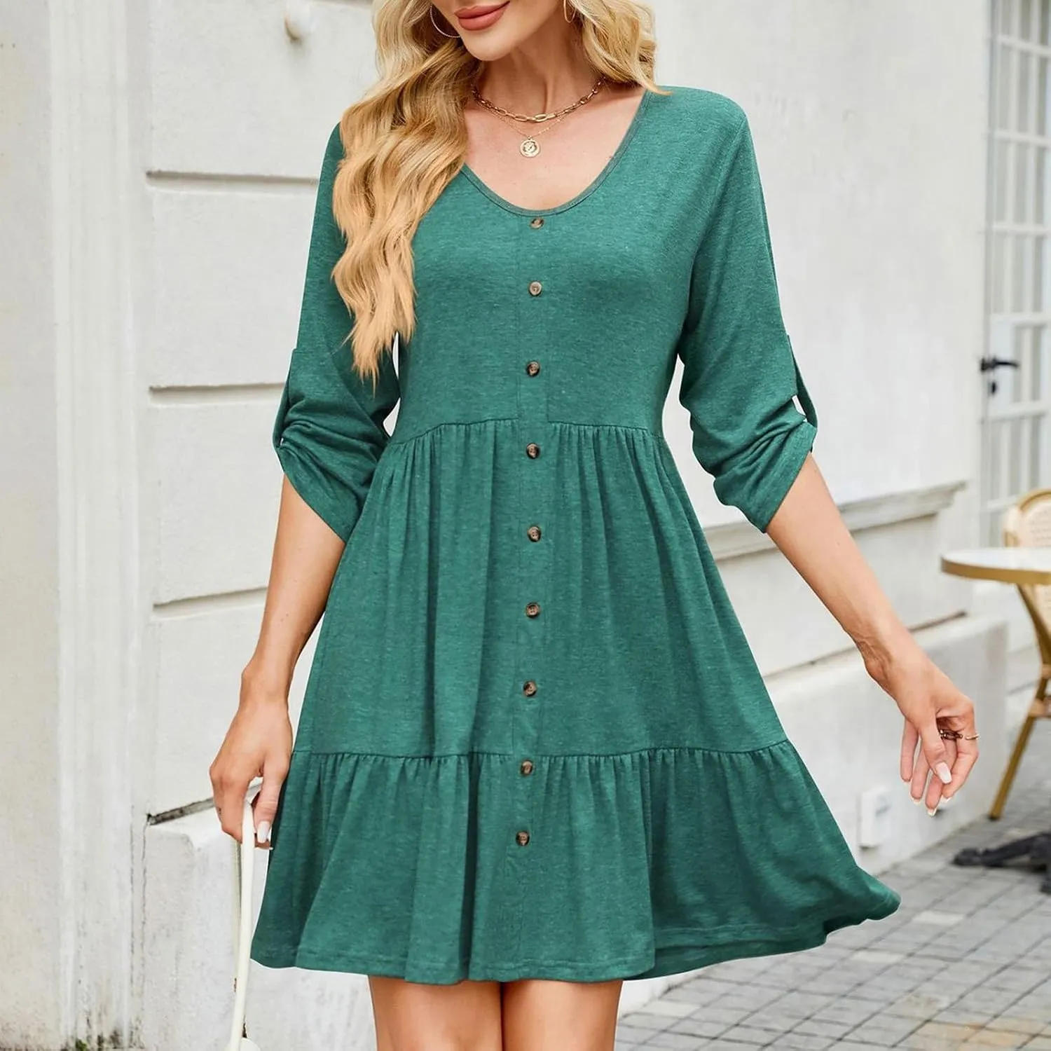 hlysgo Spring Dresses for Women V Neck Casual Mini Dress Solid Roll Up 3/4 Length Sleeve Ruffle Flowy Short Dress