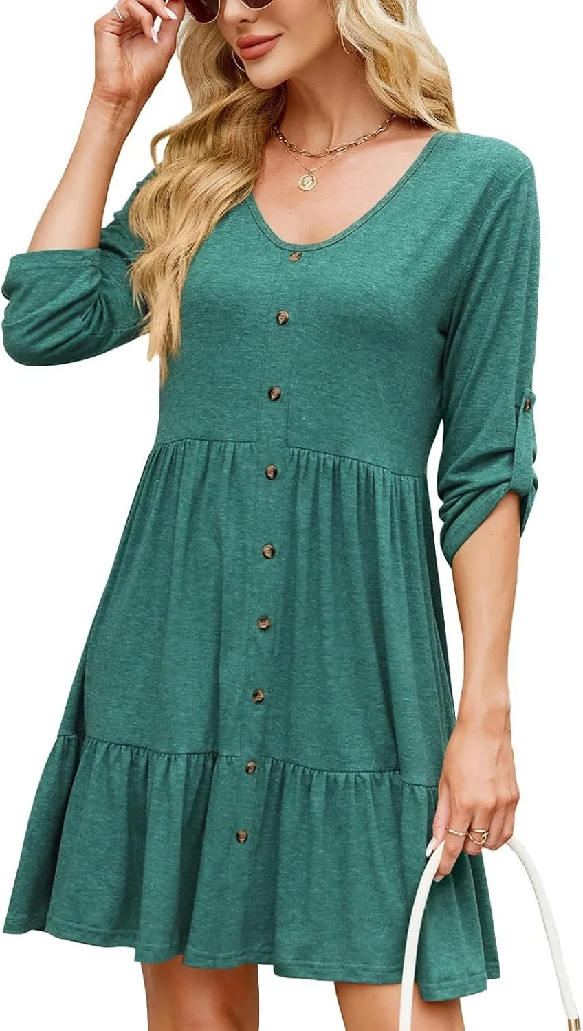 hlysgo Spring Dresses for Women V Neck Casual Mini Dress Solid Roll Up 3/4 Length Sleeve Ruffle Flowy Short Dress