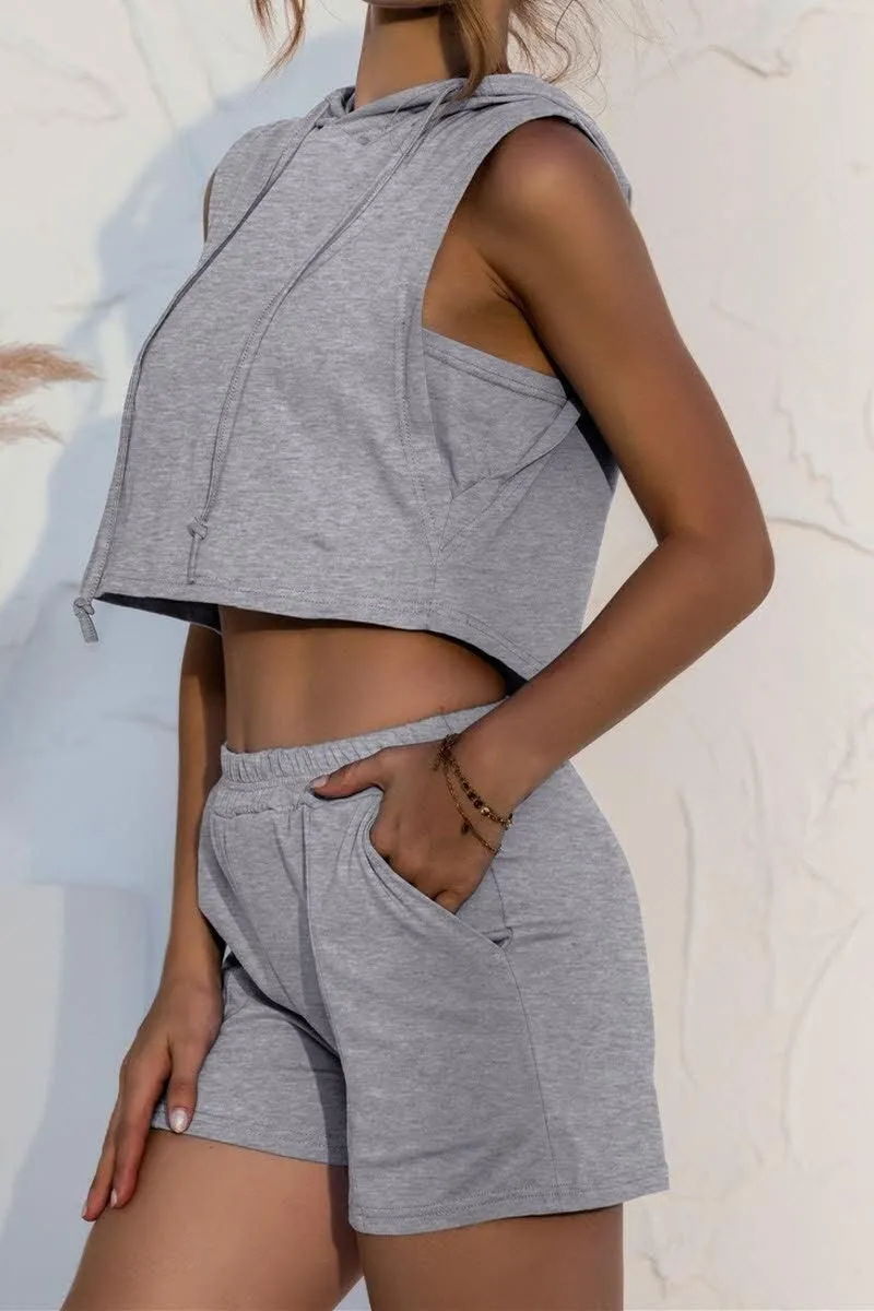 LACE UP POCKETS CASUAL VEST SHORTS SUIT