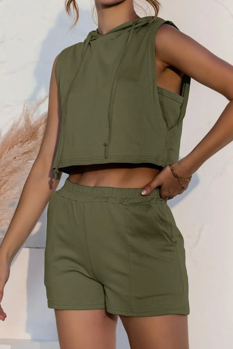 LACE UP POCKETS CASUAL VEST SHORTS SUIT
