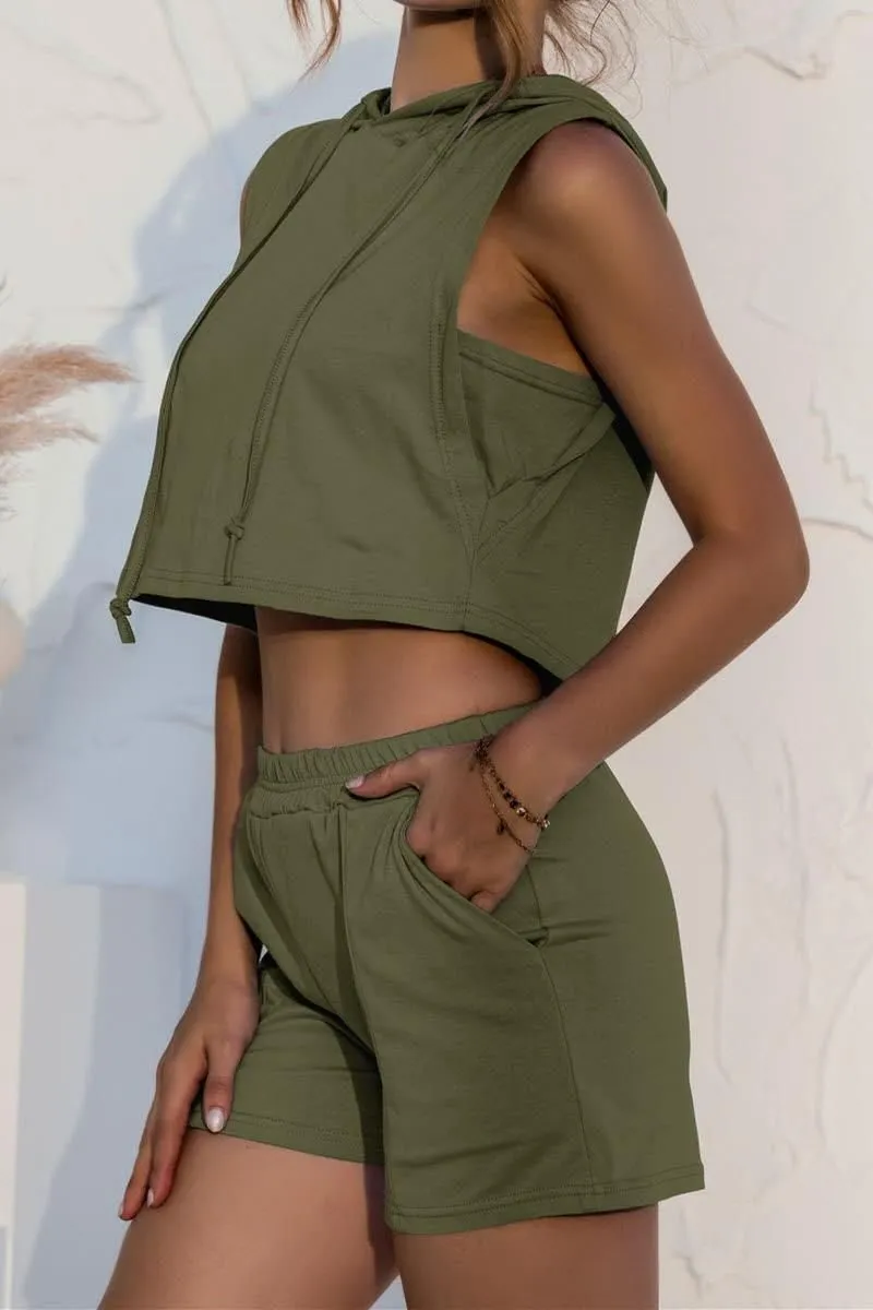 LACE UP POCKETS CASUAL VEST SHORTS SUIT