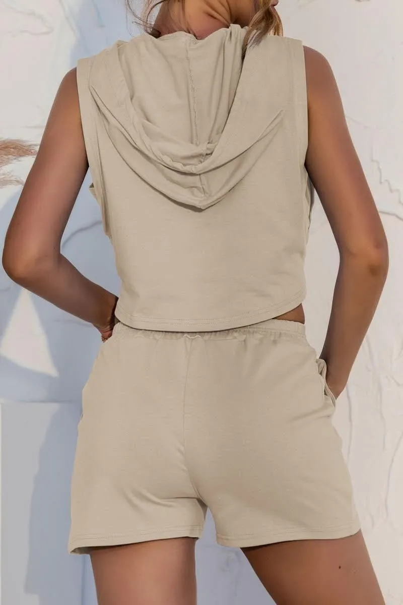 LACE UP POCKETS CASUAL VEST SHORTS SUIT