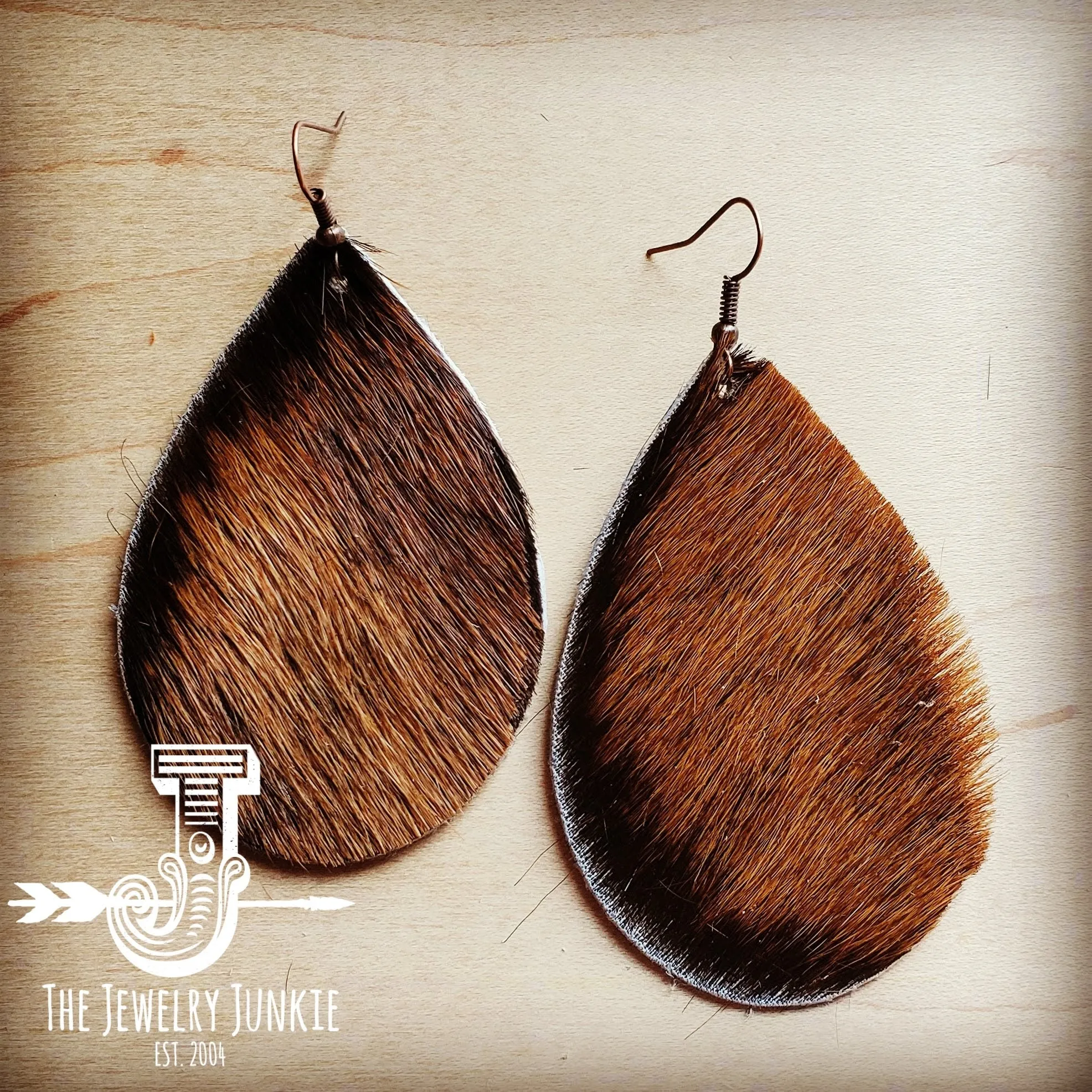 **Leather Teardrop Earrings in Brown Hair on Hide 202m