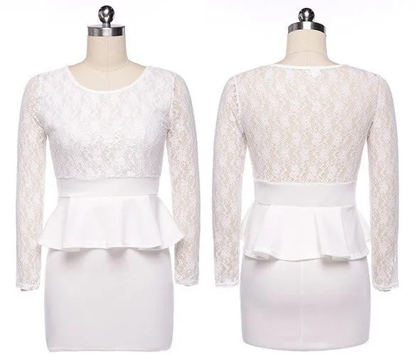 Long Sleeve Lace Splicing Bodycon Slim Fitting Short Dress