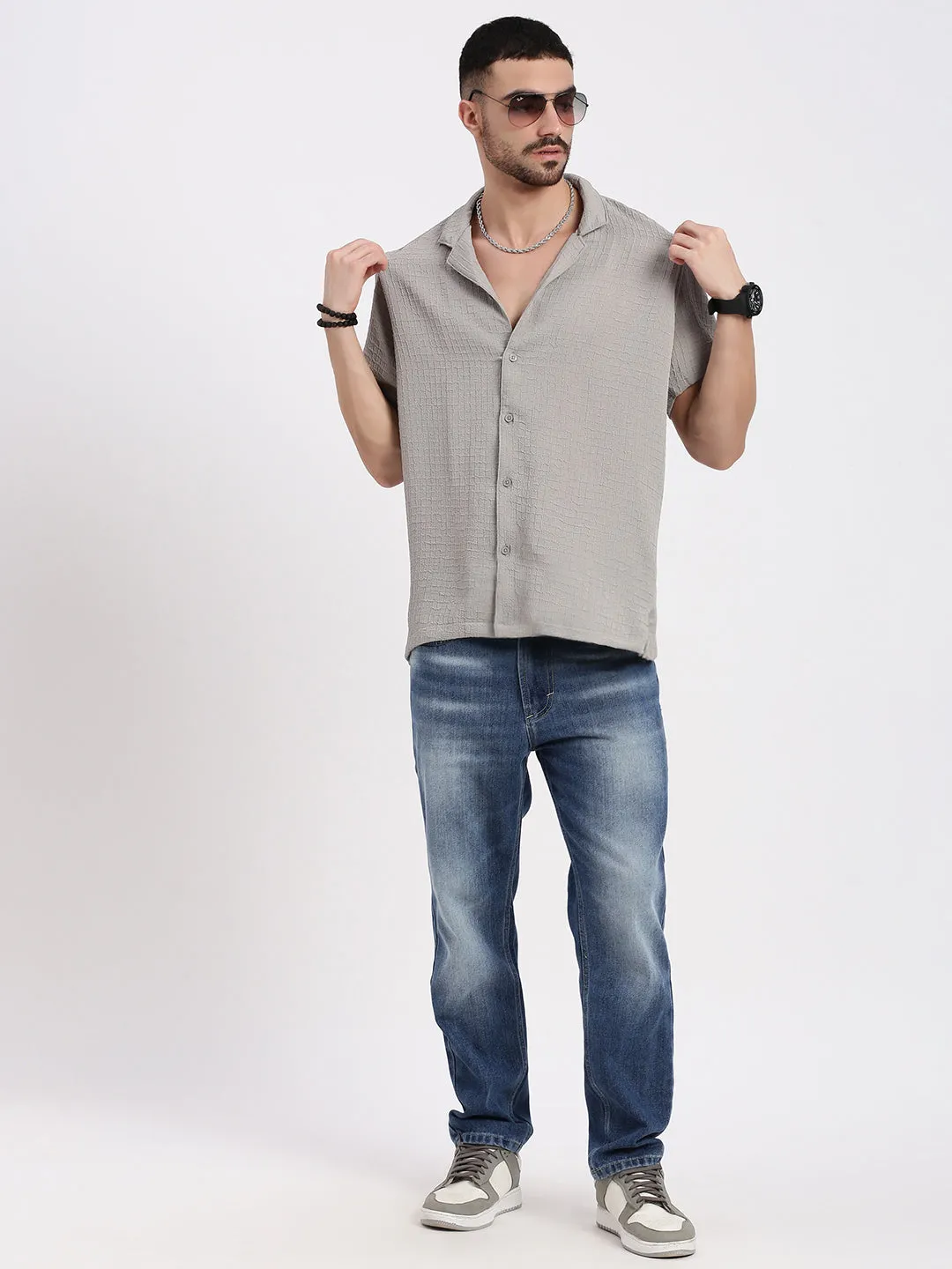 Men Grey Cuban Collar Relaxed Fit Solid Shirt