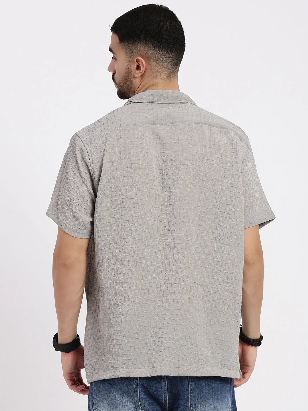 Men Grey Cuban Collar Relaxed Fit Solid Shirt