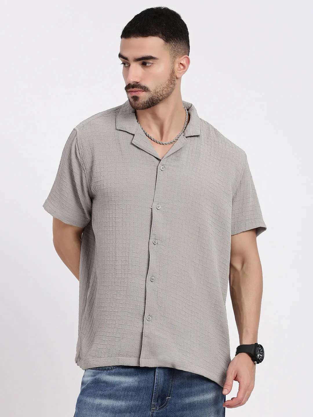 Men Grey Cuban Collar Relaxed Fit Solid Shirt