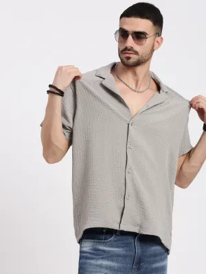Men Grey Cuban Collar Relaxed Fit Solid Shirt