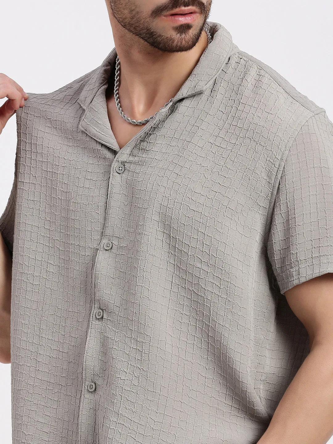 Men Grey Cuban Collar Relaxed Fit Solid Shirt