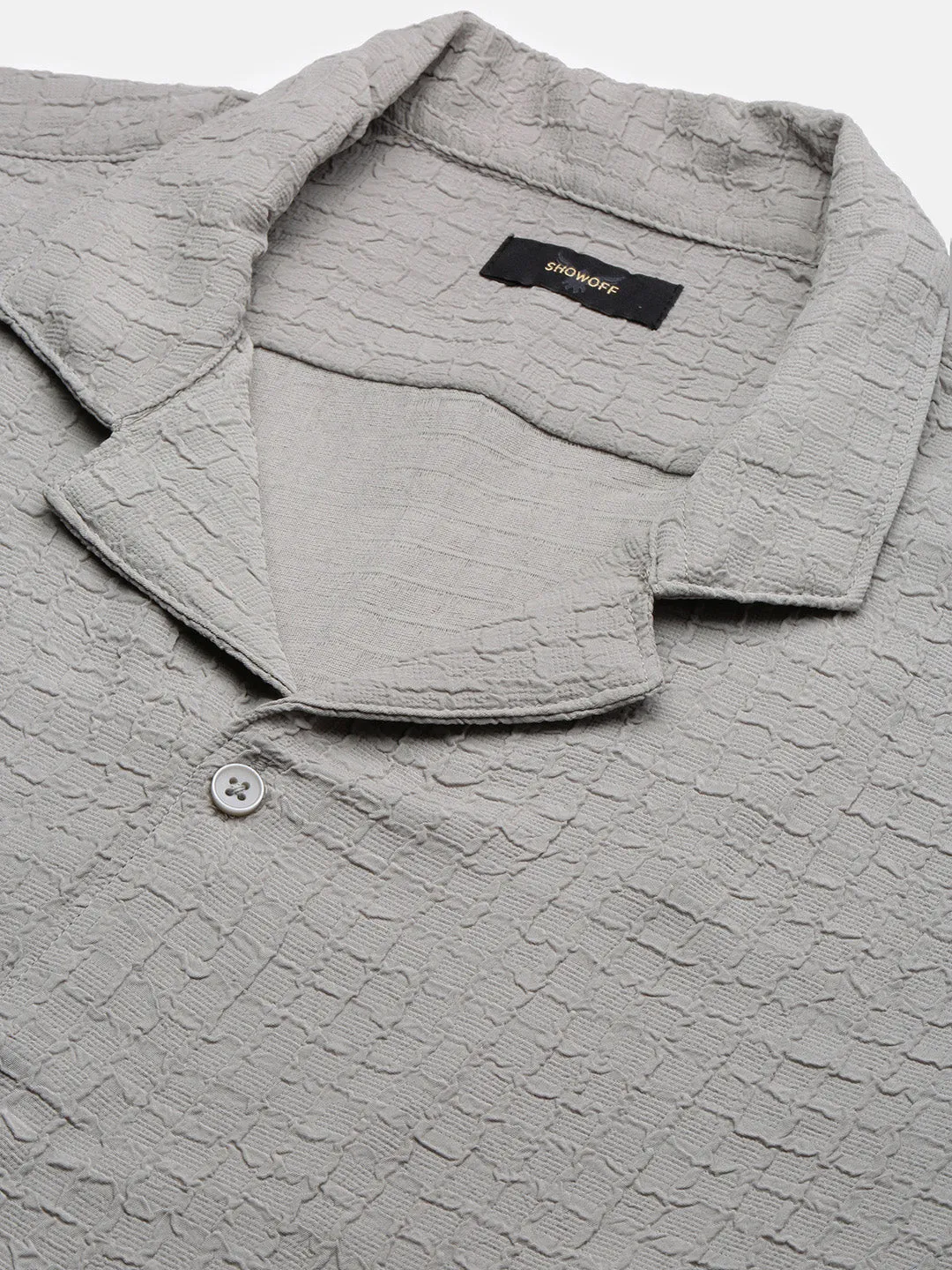 Men Grey Cuban Collar Relaxed Fit Solid Shirt