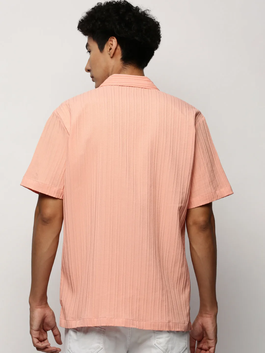 Men Peach Premium Relaxed Fit Self Designed Cotton Casual Shirt