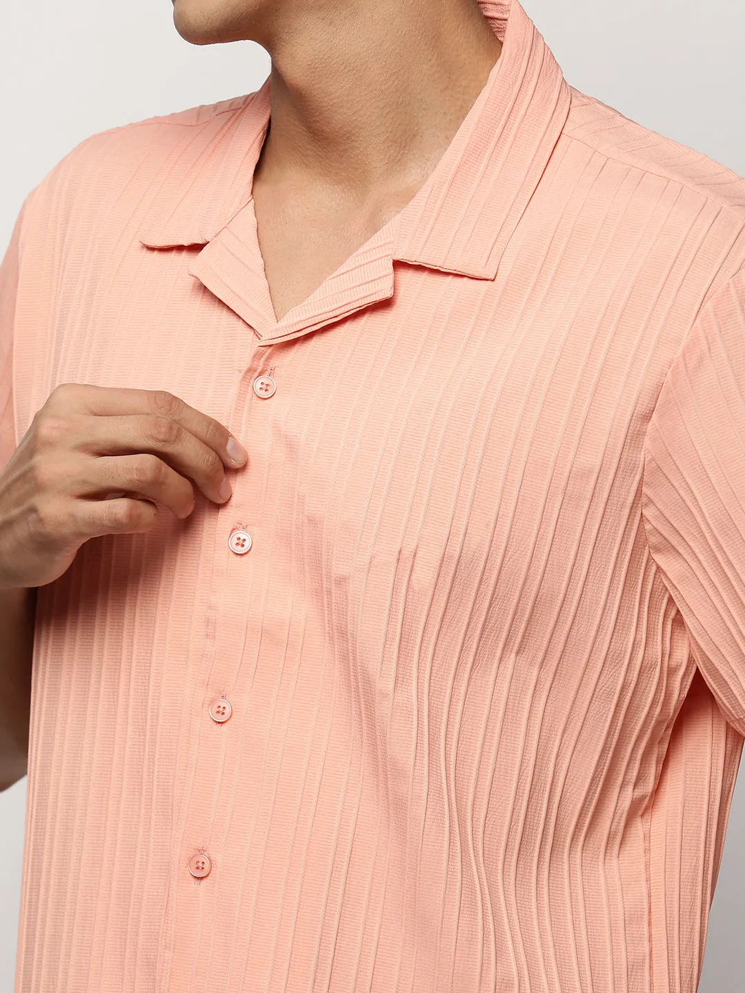 Men Peach Premium Relaxed Fit Self Designed Cotton Casual Shirt