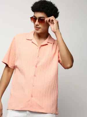 Men Peach Premium Relaxed Fit Self Designed Cotton Casual Shirt