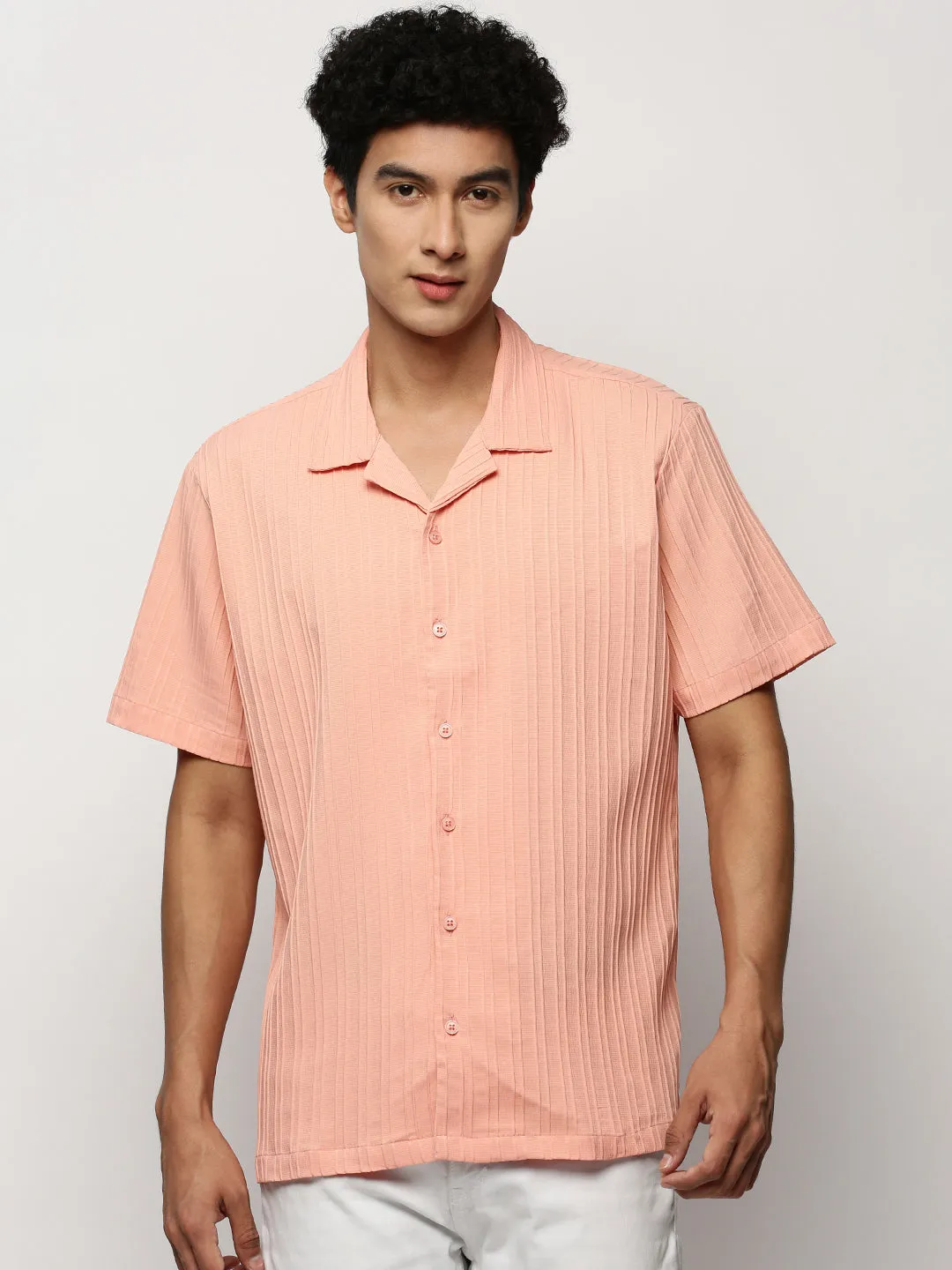 Men Peach Premium Relaxed Fit Self Designed Cotton Casual Shirt