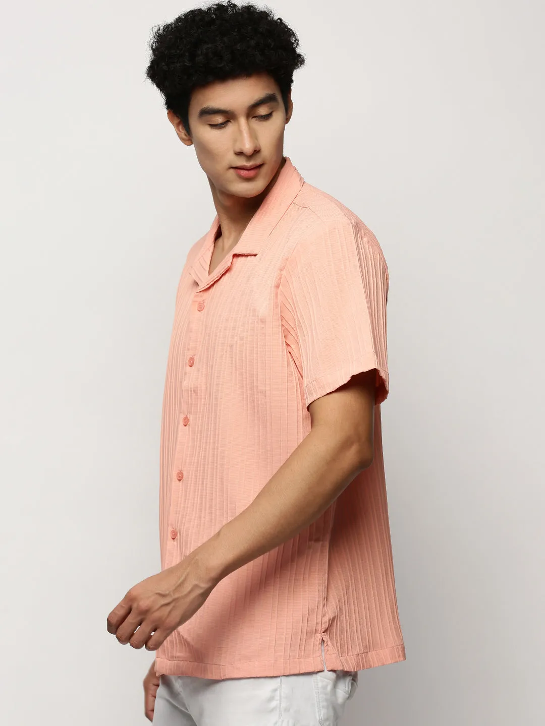 Men Peach Premium Relaxed Fit Self Designed Cotton Casual Shirt