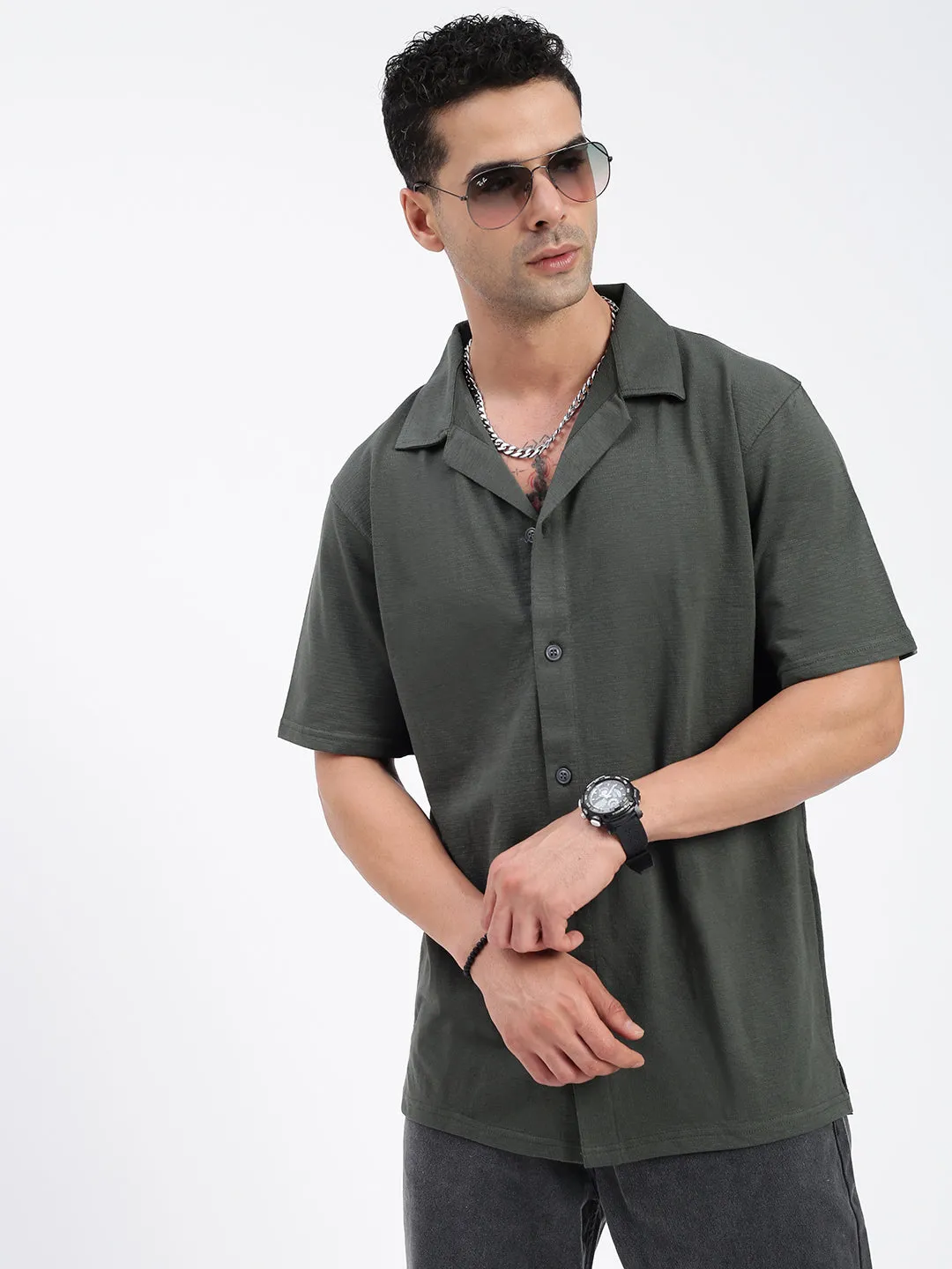 Men Solid Green Relaxed Fit Casual Shirt
