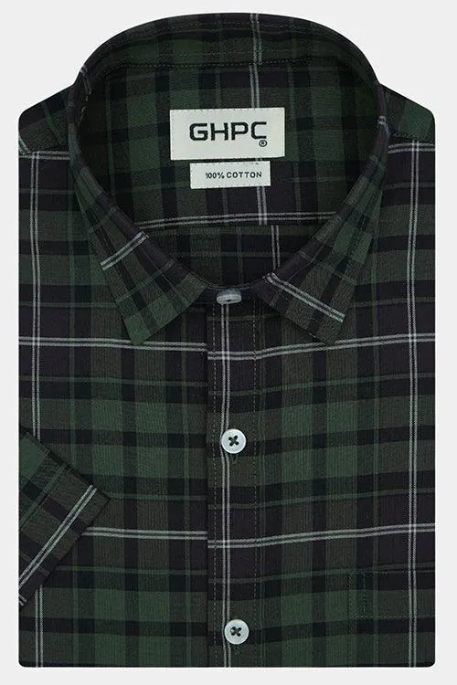 Men's 100% Cotton Plaid Checkered Half Sleeves Shirt (Green)