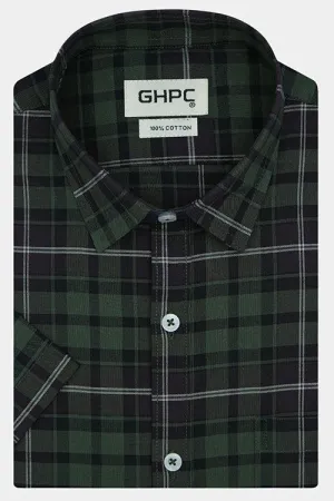 Men's 100% Cotton Plaid Checkered Half Sleeves Shirt (Green)