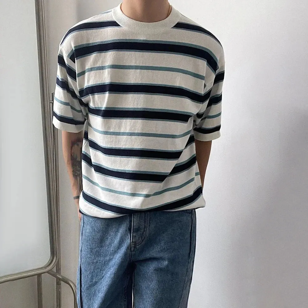 Mens  Striped Casual Knitted Short-Sleeved T-Shirt