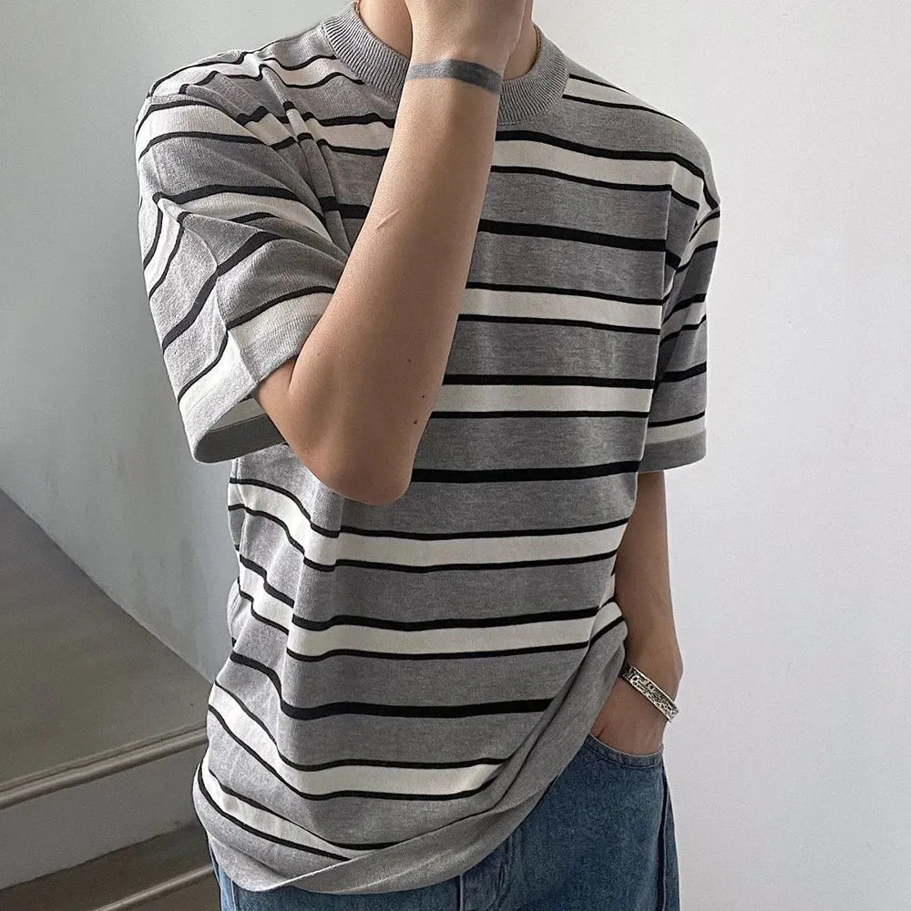 Mens  Striped Casual Knitted Short-Sleeved T-Shirt