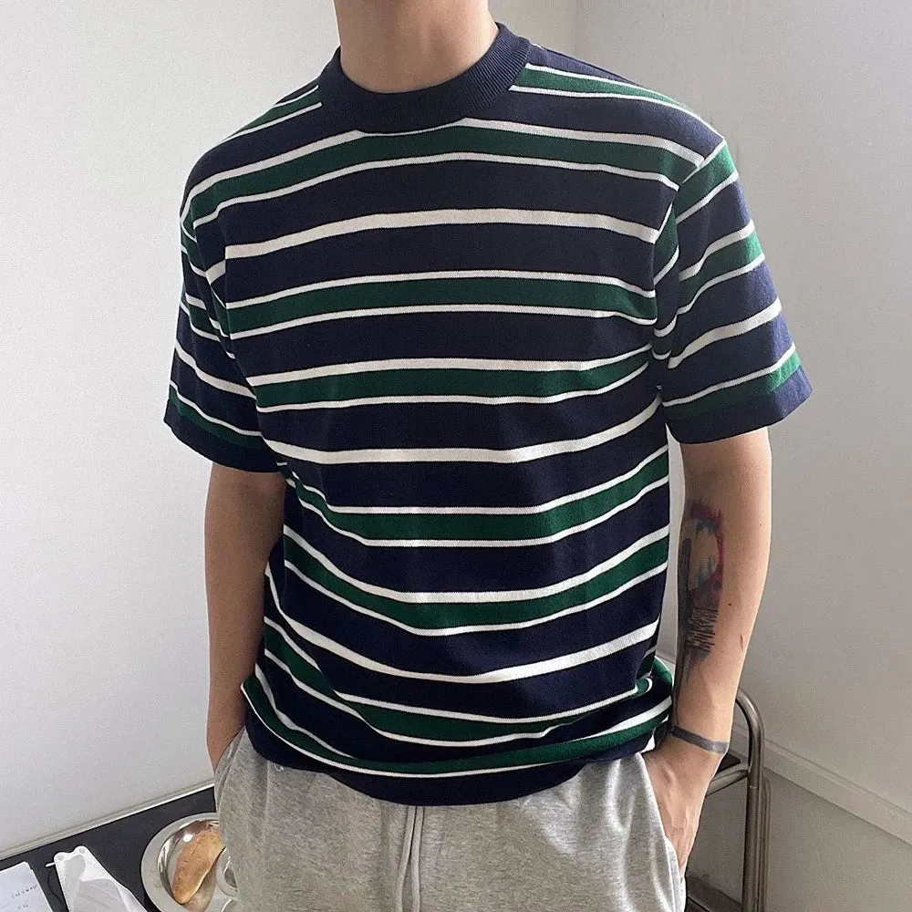 Mens  Striped Casual Knitted Short-Sleeved T-Shirt